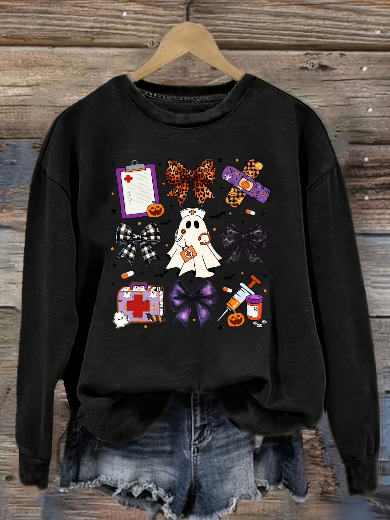 Halloween Costume Adult - レディースカジュアル長袖クルーネックTシャツ、ハロウィンナースゴーストボウプリントデザイン、ラウンドネック婦人服、洗濯機で洗える、やや伸縮性あり、ゆったりフィット、春秋冬レディースTシャツ、ハロウィンコスチューム衣装
