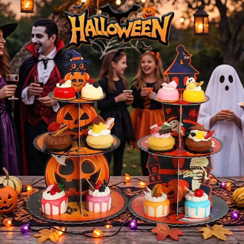 Spider Web Halloween Decoration - 1-4個入り 3段スパイダーウェブデザートスタンド ハロウィンパーティーテーブルセンターピースディスプレイ ケーキトレイ ペーパーディムサムラック