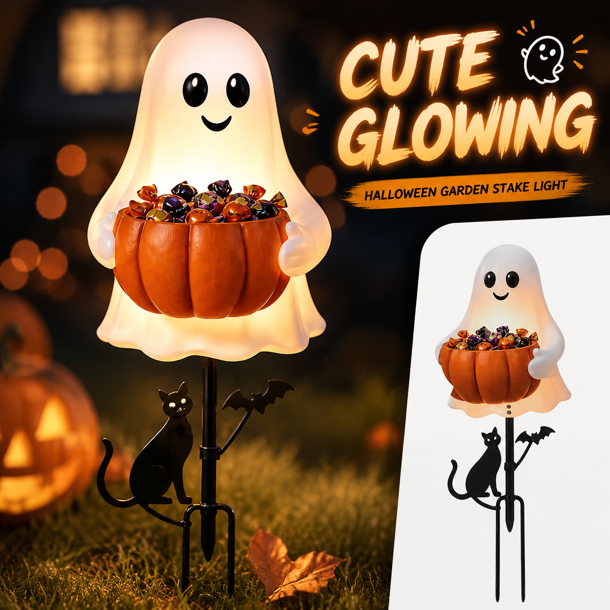 Halloween Pumpkin Decor Led - ハロウィンゴーストキャンディホルダー装飾ライト LED屋外ゴーストデコレーション 広場や庭用の光るパンプキンキャンディボウル