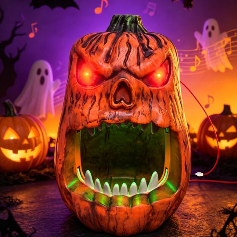 Halloween Pumpkin Decor Led - ハロウィンLEDライト付きパンプキンキャンディボウル、音声起動スカルフェイスランタン、屋外パーティーのトリック・トリート装飾小道具