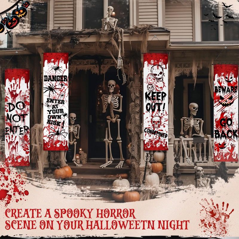 Halloween Skeleton Decoration - VIKAMA ハロウィンポーチドアカバー ホラー血染めの手形 スケルトンドアバナー ホラー中庭パーティーデコレーション