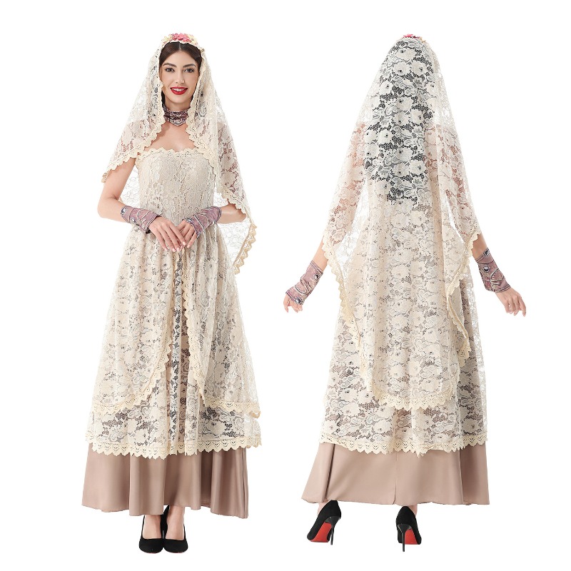 Halloween Costume Adult - レースのベールが付いた、ストラップレスのフローラル柄ロングガウン。ハロウィーン、結婚式、テーマパーティー、大人向けのコスチュームに最適な、ヴィンテージ風のレースマキシドレス。