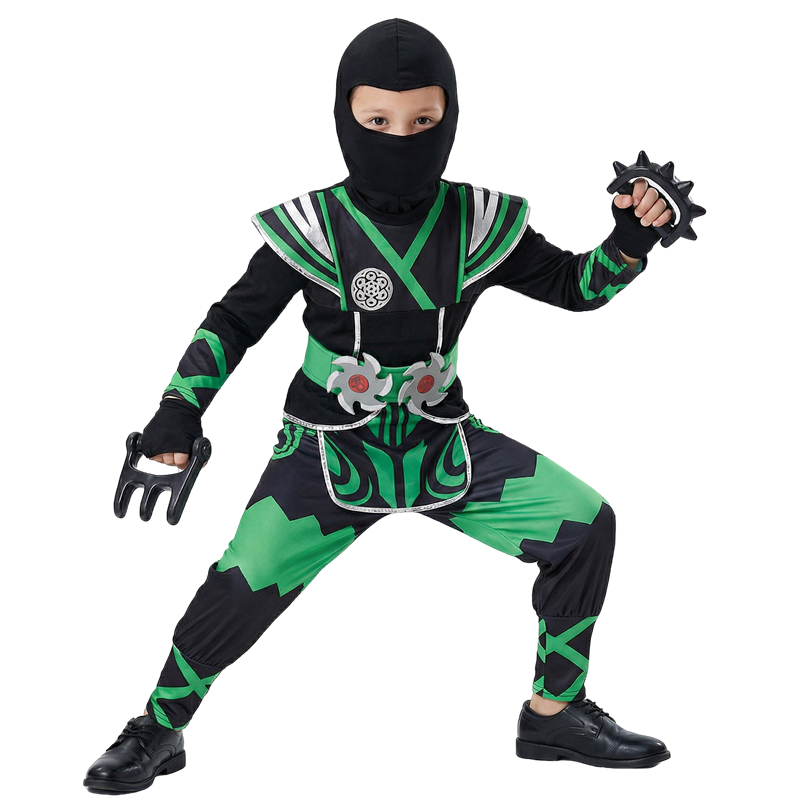 Halloween Costume Kids - グリーン忍者コスチューム 子供用 9PCおもちゃセット付き ハロウィン ロールプレイ サムライ衣装
