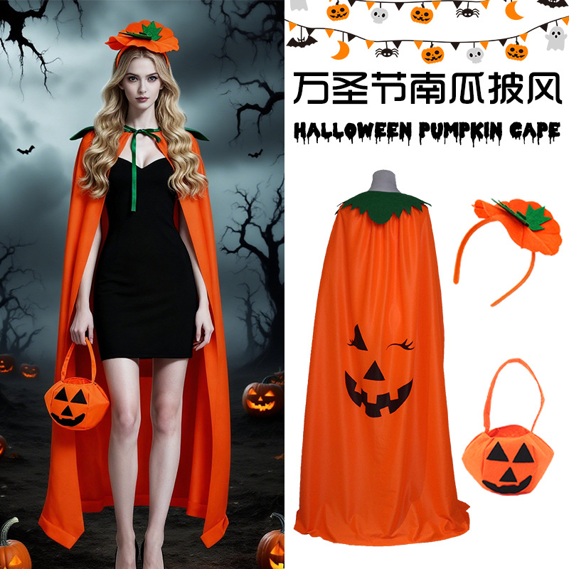Pumpkin Lantern Halloween - ハロウィン パンプキンコスチューム ケープセット、オレンジのジャック・オ・ランタンマントとヘッドバンド、コスプレ用トリック・オア・トリートバッグ