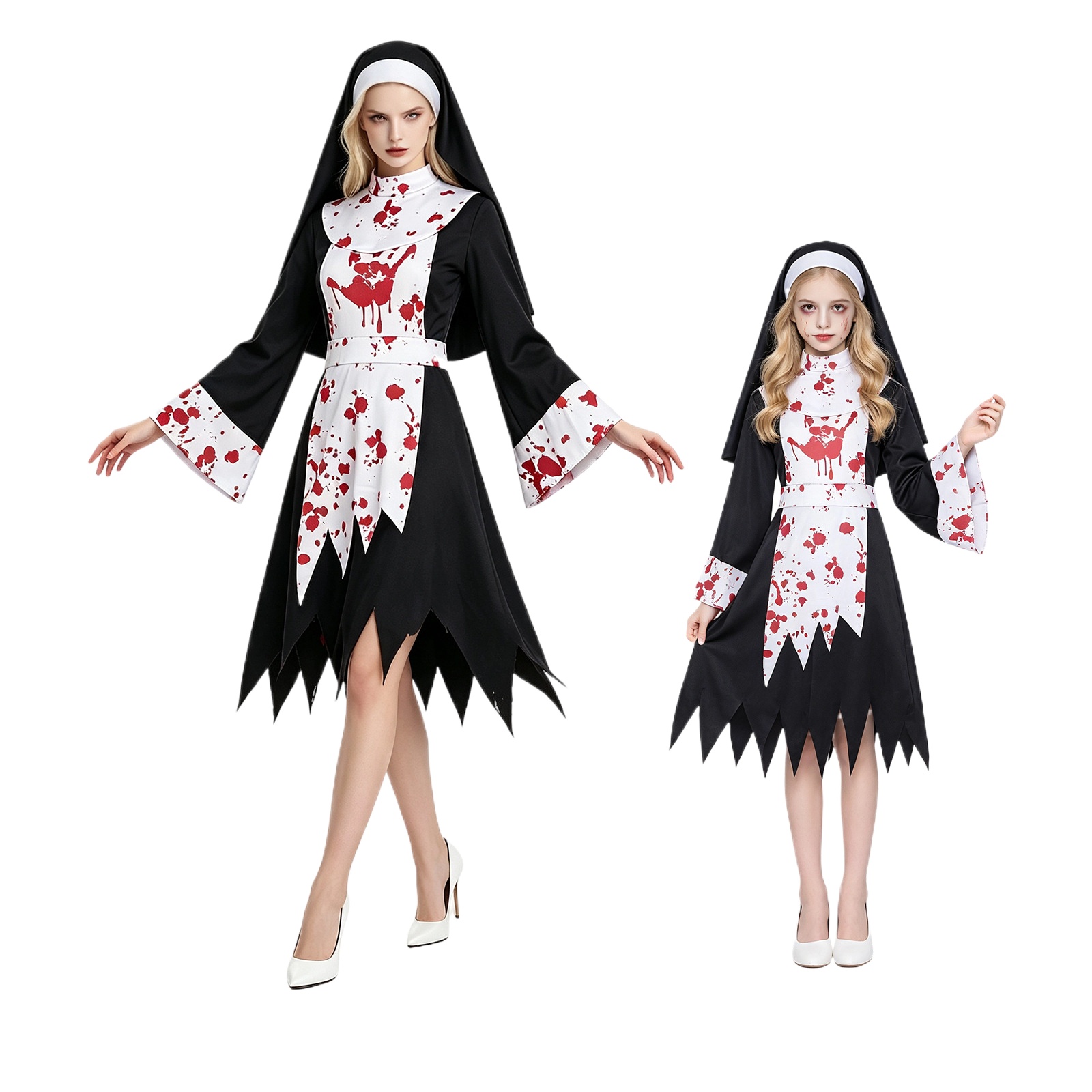 Halloween Costume Kids - 女性・子供用ハロウィン怖いダーク修道女コスプレコスチューム血まみれの修道女ドレスセットゾンビテーマステージカーニバルパーティーローブファンシードレス