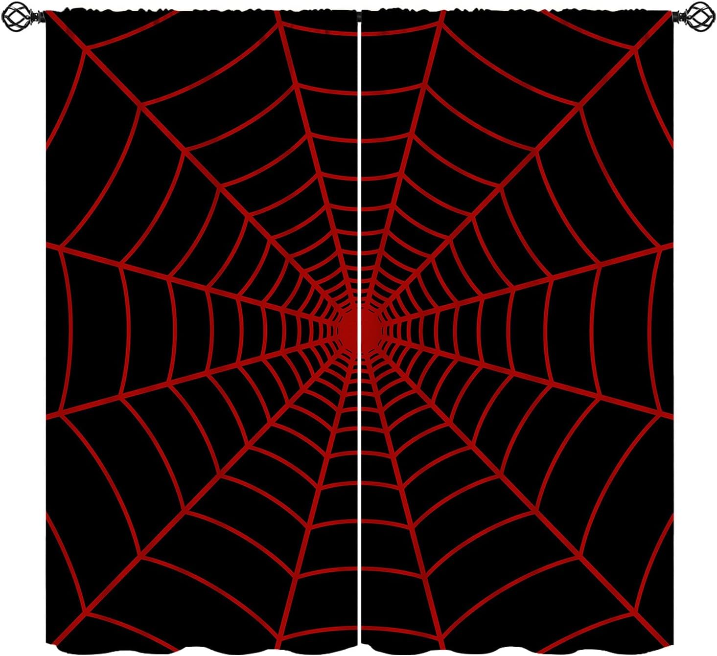 Spider Web Halloween Decoration - 蜘蛛の巣プリントカーテン赤黒ハロウィンテーマデザインパーティールームリビングルーム家の装飾用