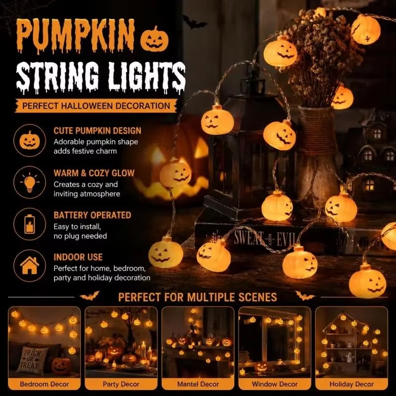 Halloween Pumpkin Decor Led - ハロウィーンのパンプキン型LEDライトストリング。電池式で、屋内パーティー、寝室、窓辺の装飾、お祭りなどに最適。