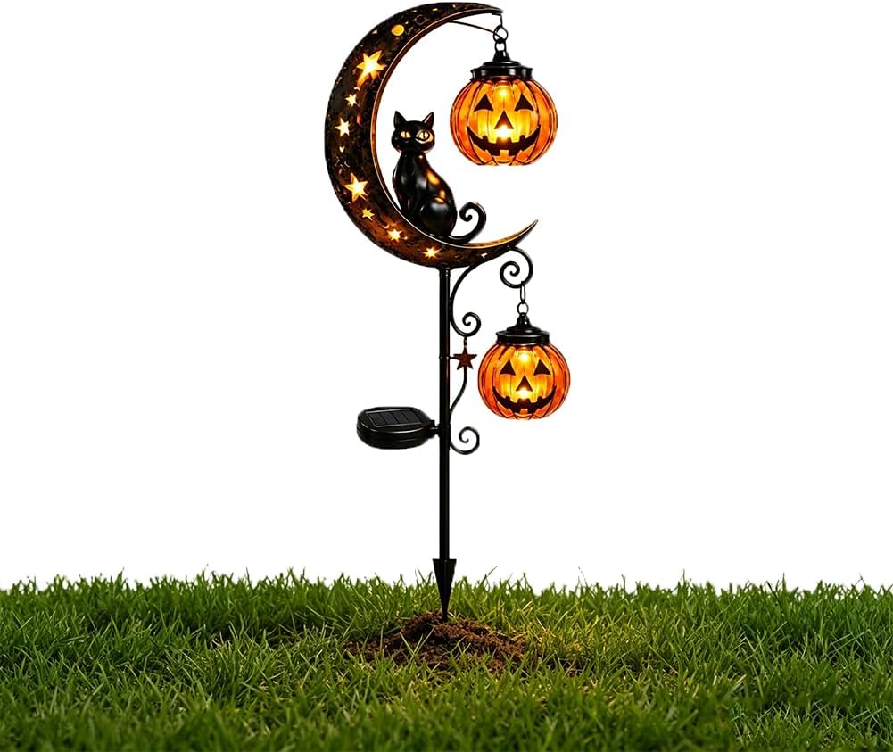 Halloween Pumpkin Decor Led - ソーラーハロウィン黒猫パンプキンムーンガーデンステークライト、屋外防水LEDヤードデコレーション、三日月とジャック・オ・ランタン付き