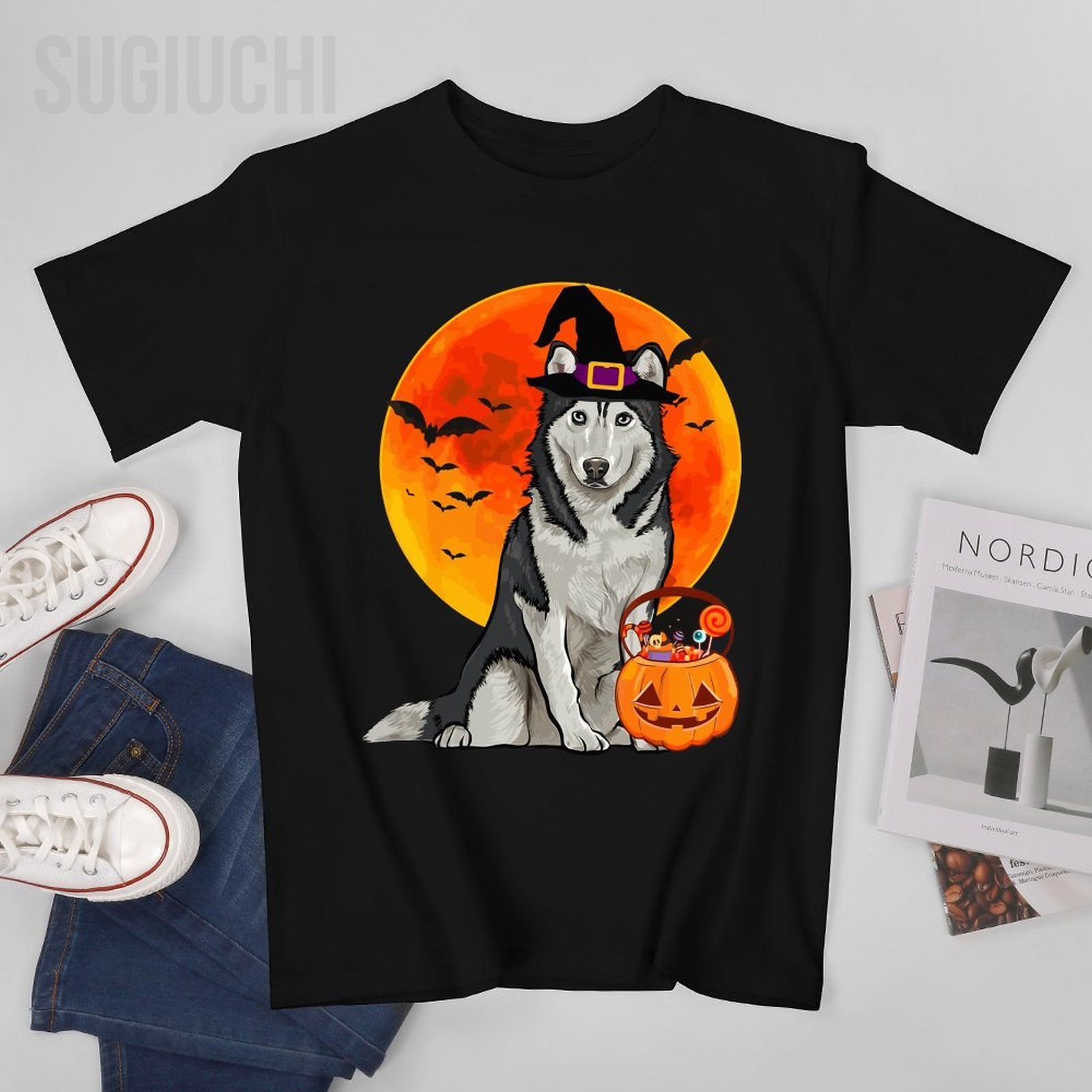 Pumpkin Lantern Halloween - ユニセックス男性犬ハロウィンシベリアシベリアンハスキージャックオーランタンカボチャ Tシャツ Tシャツ女性ボーイズ綿 100% Tシャツ