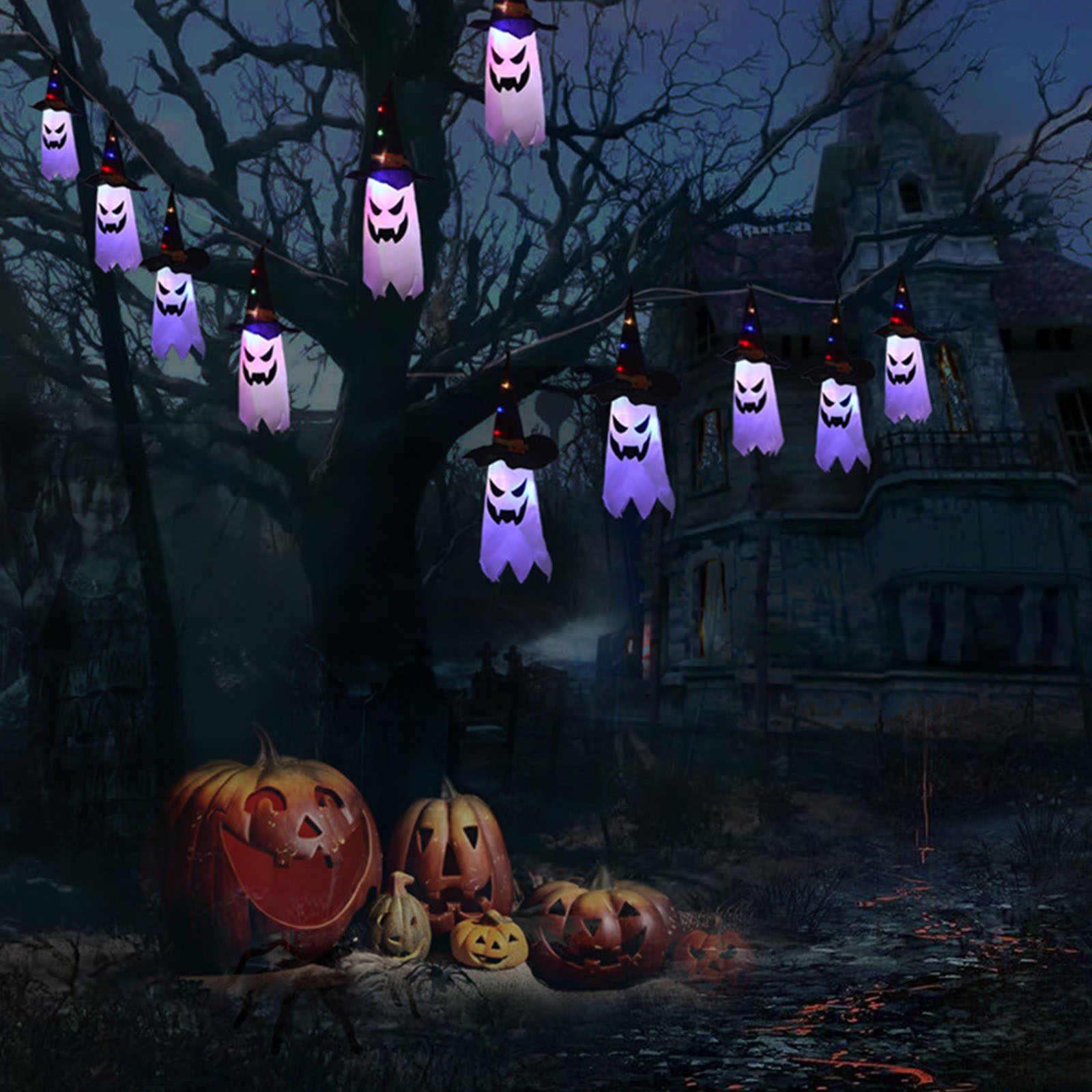 ハロウィーンの装飾用ライト。白い幽霊の飾り付き、オレンジ色の - Halloween Led String Lights Orange のレビューと価格