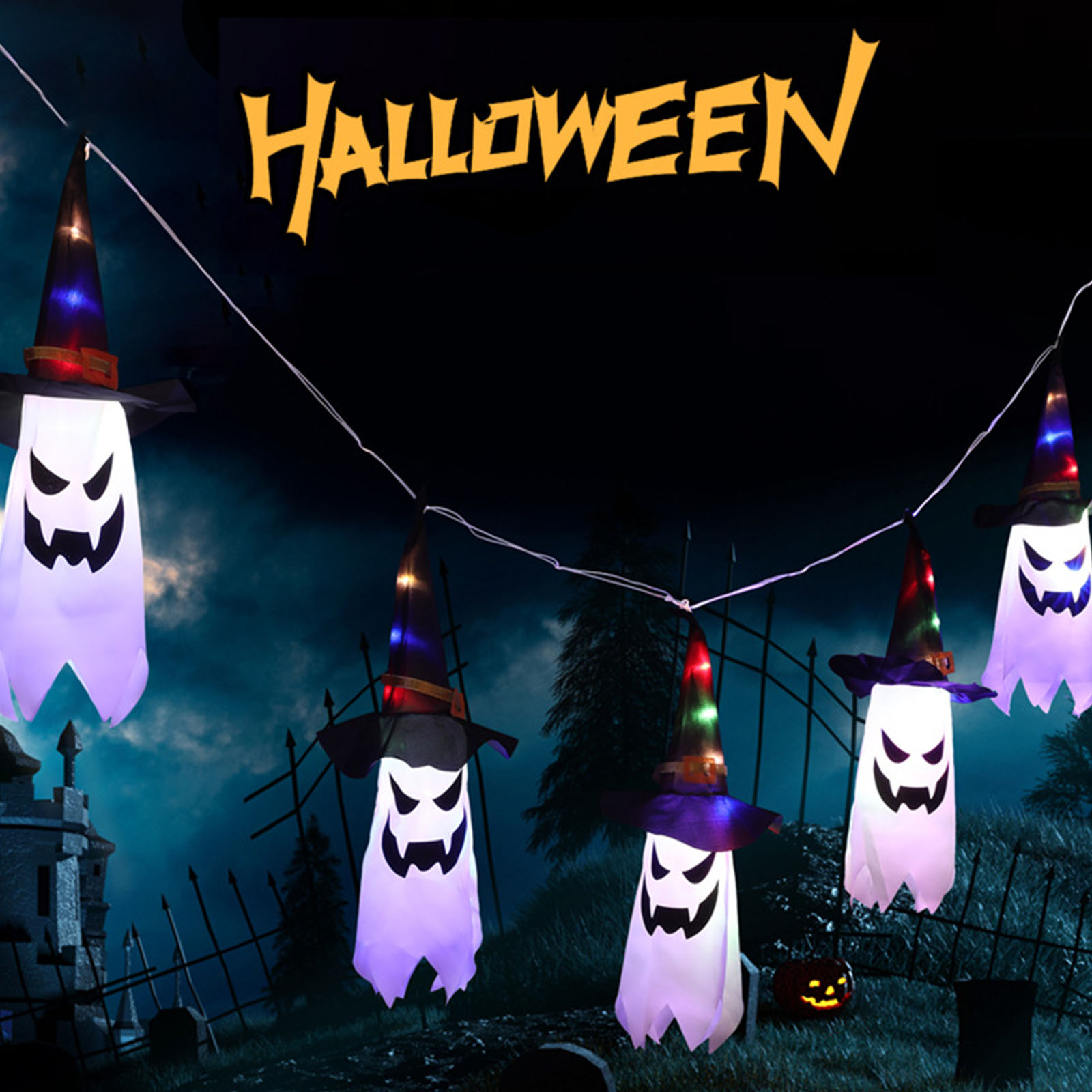 ハロウィーンの装飾用ライト。白い幽霊の飾り付き、オレンジ色の - Halloween Led String Lights Orange のレビューと価格
