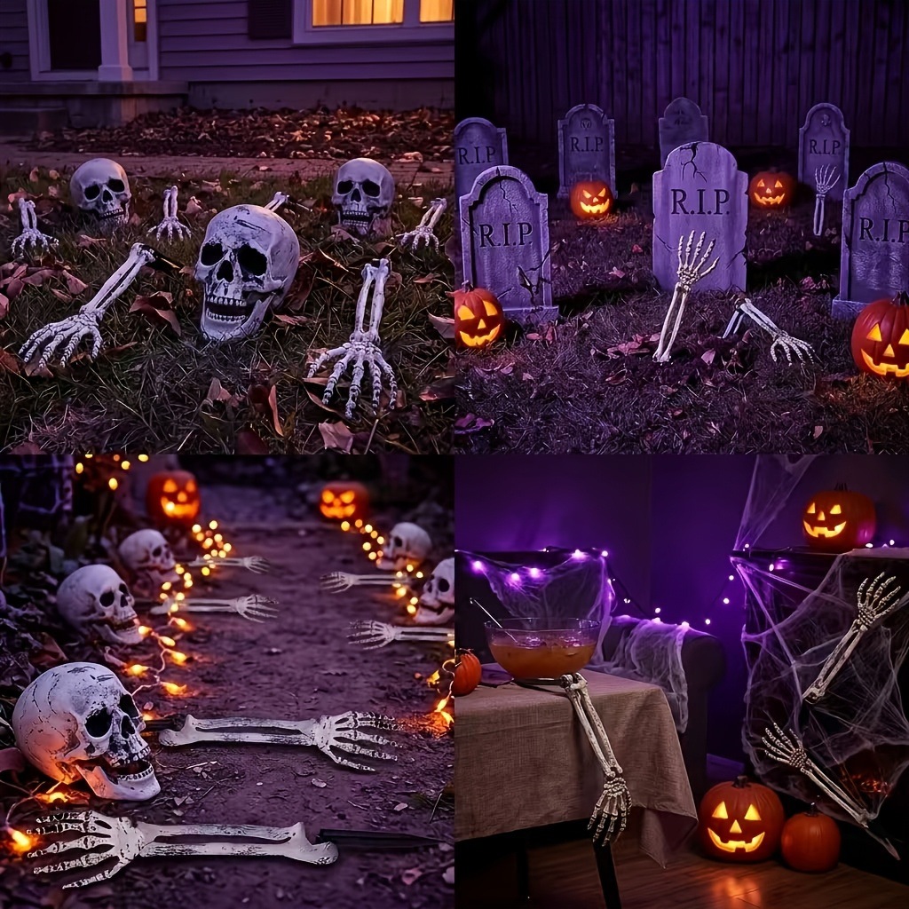ハロウィーン用ガーデンデコレーション3点セット：骸骨の頭と手 - Halloween Skeleton Decoration のレビューと価格