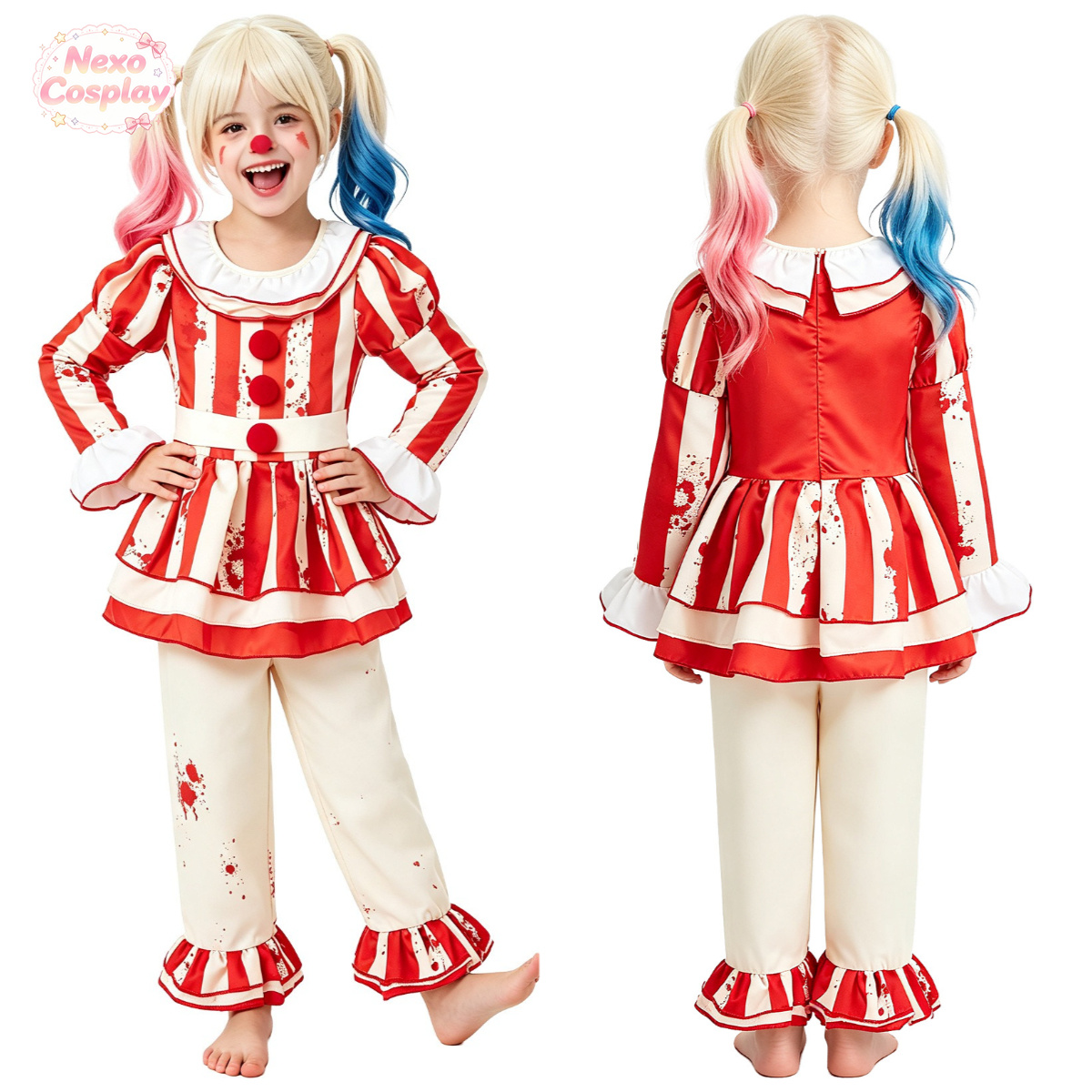 子供赤白ストライプホラークラウンスーツハロウィンコスプレ衣装 - Halloween Costume Kids のレビューと価格