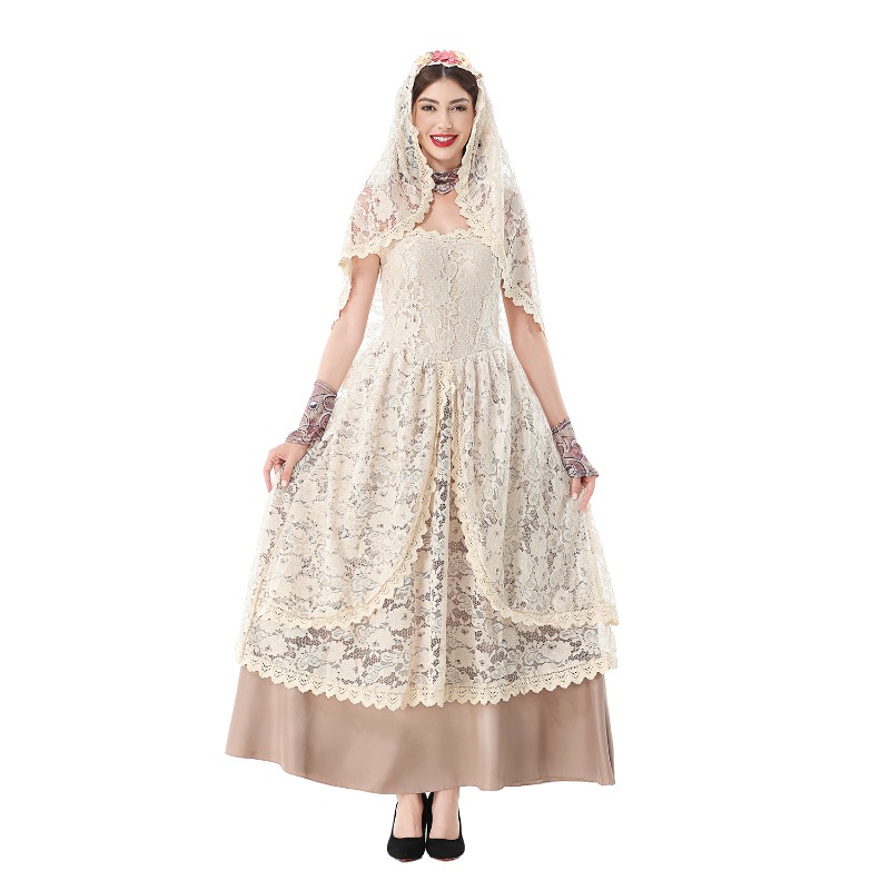 レースのベールが付いた、ストラップレスのフローラル柄ロングガ - Halloween Costume Adult のレビューと価格
