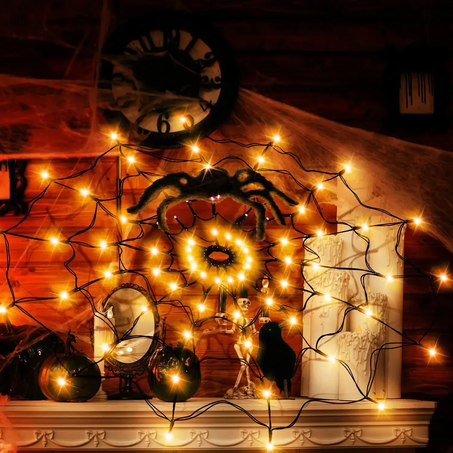 ハロウィーン用、蜘蛛の巣模様のLEDストリングライト。オレン - Halloween Led String Lights Orange のレビューと価格