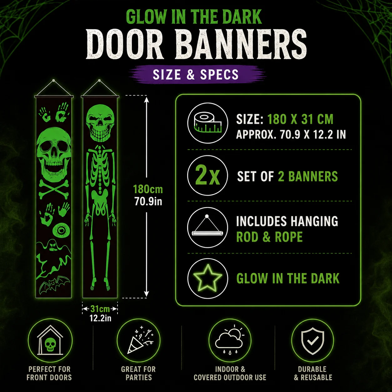 2枚セットの光るハロウィーン装飾バナー。玄関や庭、屋外パーテ - Halloween Skeleton Decoration のレビューと価格