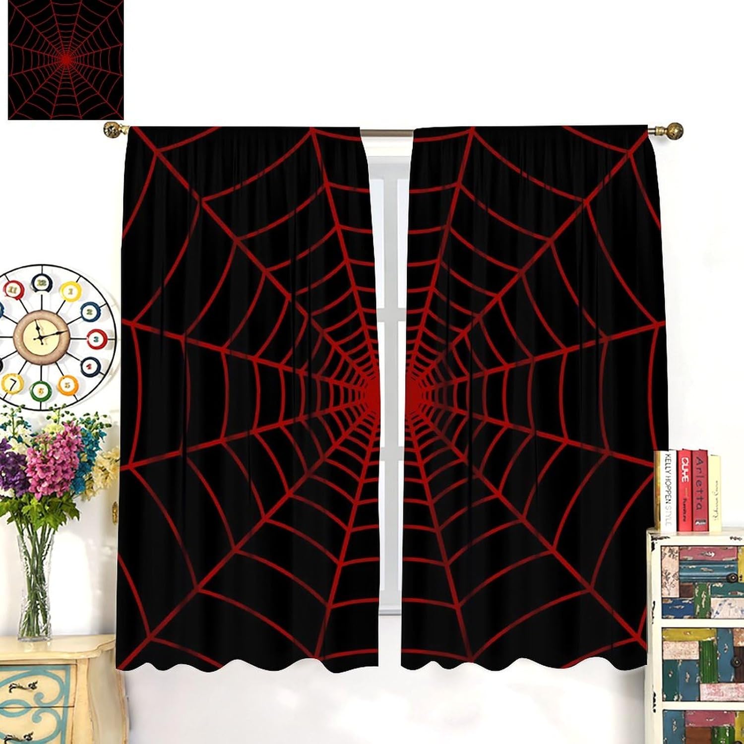 蜘蛛の巣プリントカーテン赤黒ハロウィンテーマデザインパーティ - Spider Web Halloween Decoration のレビューと価格