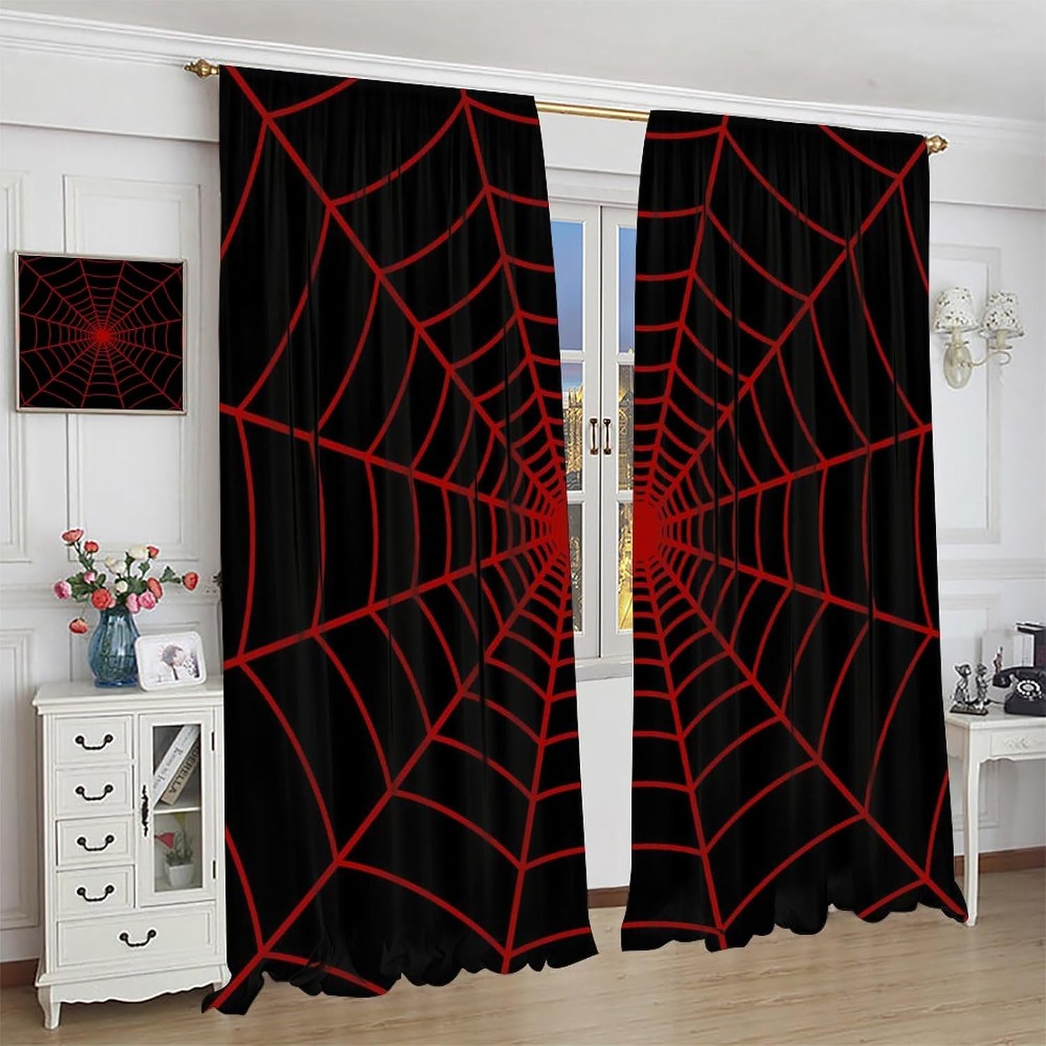 蜘蛛の巣プリントカーテン赤黒ハロウィンテーマデザインパーティ - Spider Web Halloween Decoration のレビューと価格