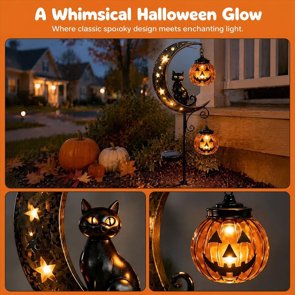 ソーラーハロウィン黒猫パンプキンムーンガーデンステークライト - Halloween Pumpkin Decor Led のレビューと価格